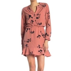 Joie Acey Antique Rose & Black Floral Long Sleeve Flounce Ruffle Hem Dre…